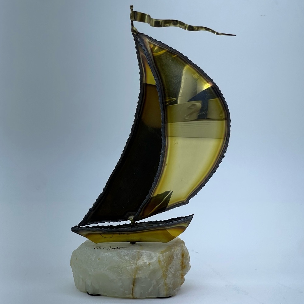 MSM Sailboat Sculpture John DeMott Brass & Stone Signed Vintage Nautical Decor